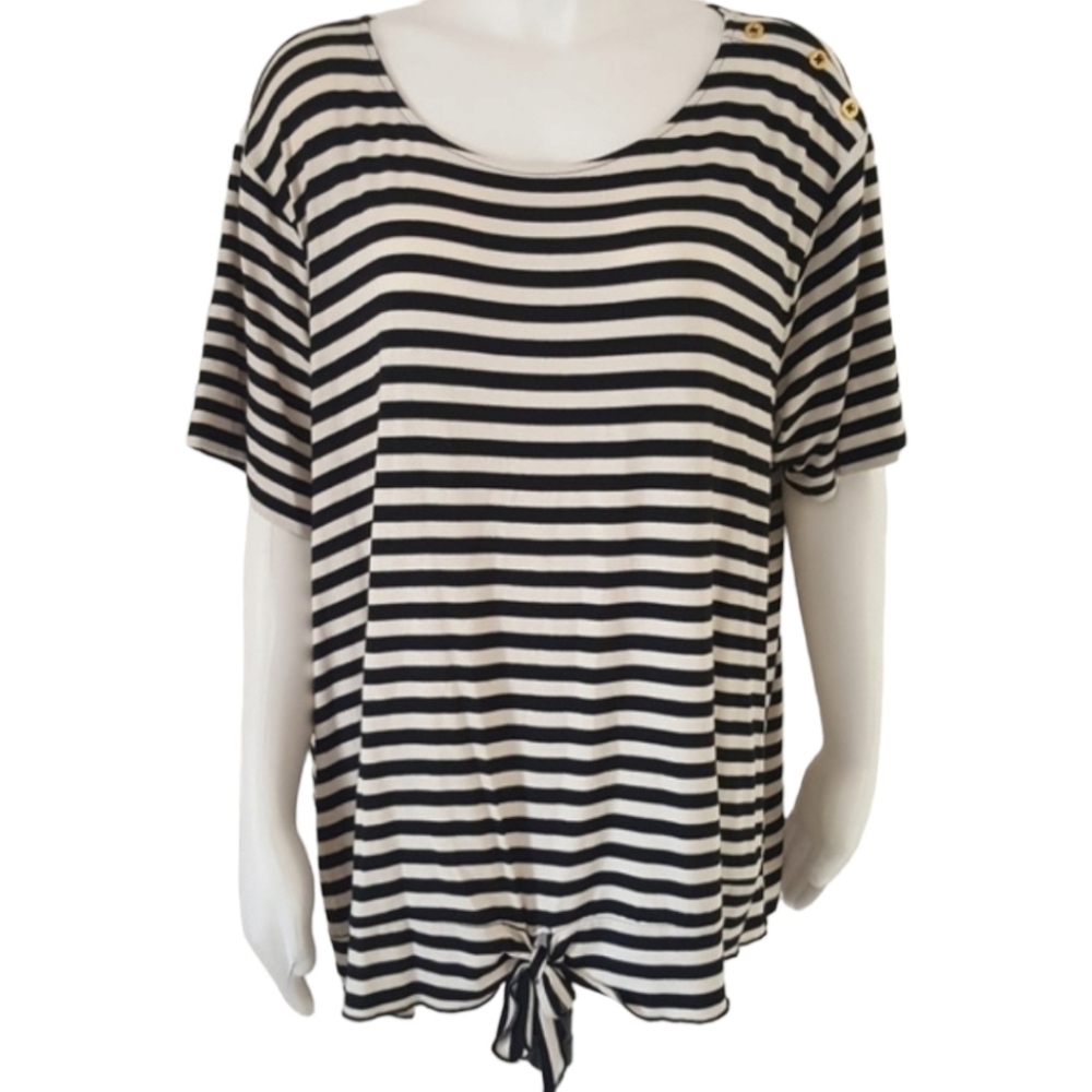 ELLEN TRACY Black White Striped Tee Plus Size 2X Tie Front Scoop Neck Top - Picture 9 of 10